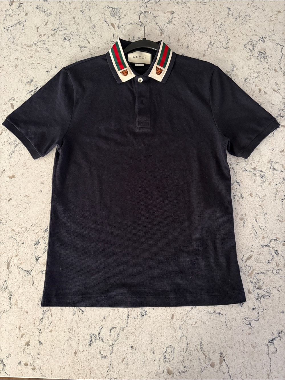 Gucci Black Polo with Green-Red-White Stripe Collar